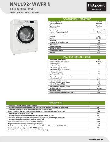 HOTPOINT/ARISTON NM11924WWFR N Washing machine Manuel utilisateur | Fixfr