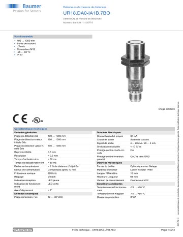 Baumer UR18.DA0-IA1B.7BO Ultrasonic distance measuring sensor Fiche technique | Fixfr