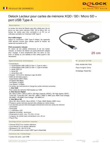 DeLOCK 91756 Card Reader for XQD / SD / Micro SD memory cards + USB Type-A port Fiche technique | Fixfr