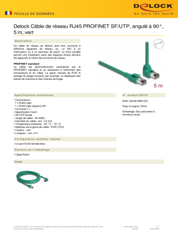 DeLOCK 80125 RJ45 Network Cable PROFINET SF/UTP 90° angled 5 m green Fiche technique | Fixfr