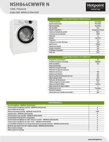 HOTPOINT/ARISTON NSH844CWWFR N Washing machine Manuel utilisateur | Fixfr
