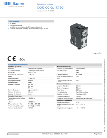 Baumer OC50.CC-QL1T.72O Diffuse contrast sensor Fiche technique | Fixfr