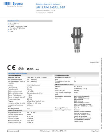 Baumer UR18.PA0.2-GP2J.9SF Ultrasonic proximity sensor Fiche technique | Fixfr