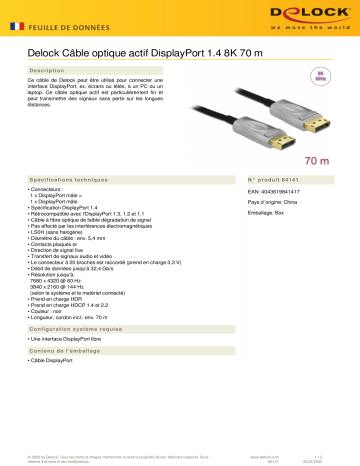 DeLOCK 84141 Active Optical Cable DisplayPort 1.4 8K 70 m Fiche technique | Fixfr