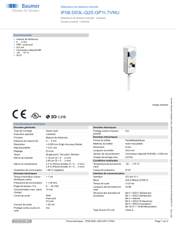 Baumer IF08.D03L-Q25.GP1I.7VNU Inductive distance sensor Fiche technique | Fixfr