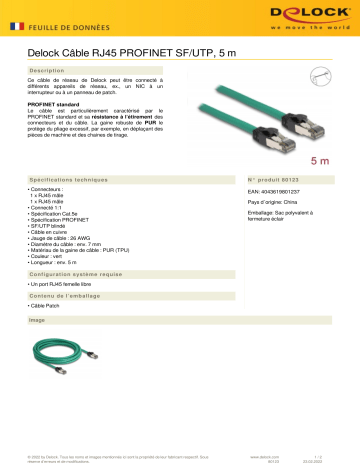 DeLOCK 80123 RJ45 Cable PROFINET SF/UTP 5 m Fiche technique | Fixfr
