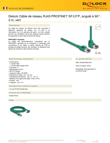 DeLOCK 80124 RJ45 Network Cable PROFINET SF/UTP 90° angled 3 m green Fiche technique | Fixfr