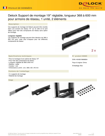 DeLOCK 66885 19″ Mounting bracket adjustable length 368 - 600 mm for network cabinet 1U 2 pieces Fiche technique | Fixfr