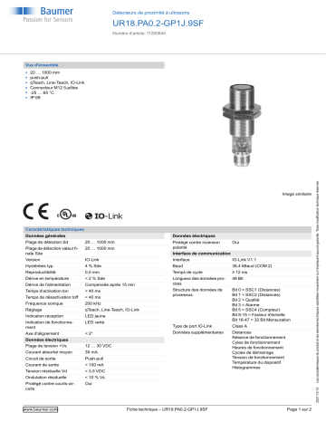 Baumer UR18.PA0.2-GP1J.9SF Ultrasonic proximity sensor Fiche technique | Fixfr