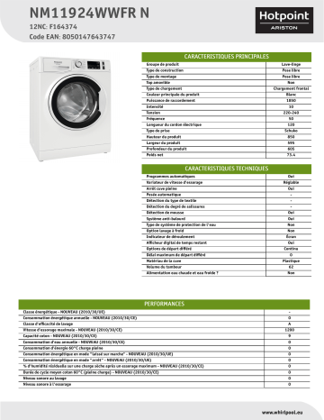 HOTPOINT/ARISTON NM11924WWFR N Washing machine Manuel utilisateur | Fixfr