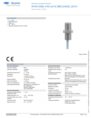 Baumer IR18V.D08L-F50.UA1Z.9BCU/A002_E010 Inductive distance sensor Fiche technique | Fixfr