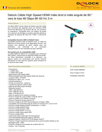 DeLOCK 86993 High Speed HDMI cable male straight to male 90° downwards angled 48 Gbps 8K 60 Hz 3 m Fiche technique | Fixfr