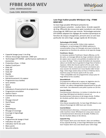 Whirlpool FFBBE 8458 WEV Washing machine Manuel utilisateur | Fixfr