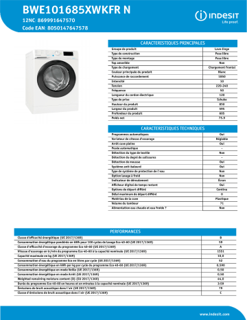 Indesit BWE101685XWKFR N Washing machine Manuel utilisateur | Fixfr
