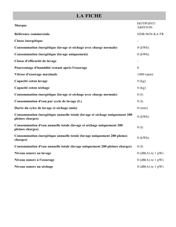 HOTPOINT/ARISTON NDB 9636 KA FR Washer dryer Product information | Fixfr