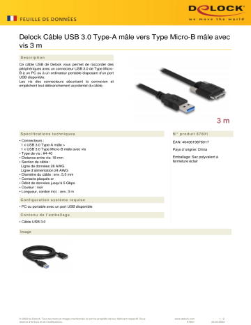 DeLOCK 87801 Cable USB 3.0 Type-A male to Type Micro-B male Fiche technique | Fixfr