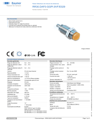 Baumer RR30.DAF0-GGPI.9VF/E029 Radar distance measuring sensor Fiche technique | Fixfr