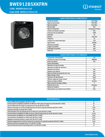 Indesit BWE91285XKFRN Washing machine Manuel utilisateur | Fixfr