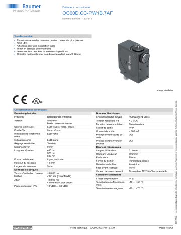 Baumer OC60D.CC-PW1B.7AF Diffuse contrast sensor Fiche technique | Fixfr