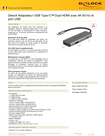 DeLOCK 87780 USB Type-C™ Dual HDMI Adapter Fiche technique | Fixfr