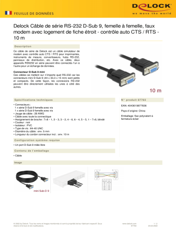 DeLOCK 87783 Serial Cable RS-232 D-Sub 9 female to female null modem Fiche technique | Fixfr