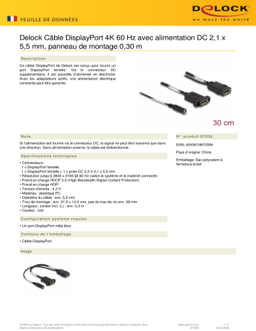 DeLOCK 87039 DisplayPort Cable 4K 60 Hz Fiche technique | Fixfr