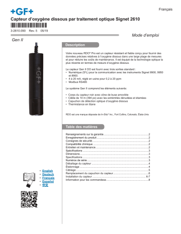 GF Capteur d’oxygène dissous par traitement optique Signet 2610 Manuel du propriétaire | Fixfr