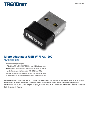 Trendnet TEW-808UBM Micro AC1200 Wireless USB Adapter Fiche technique | Fixfr