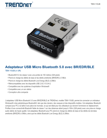 Trendnet TBW-110UB Micro Bluetooth 5.0 USB Adapter Fiche technique | Fixfr