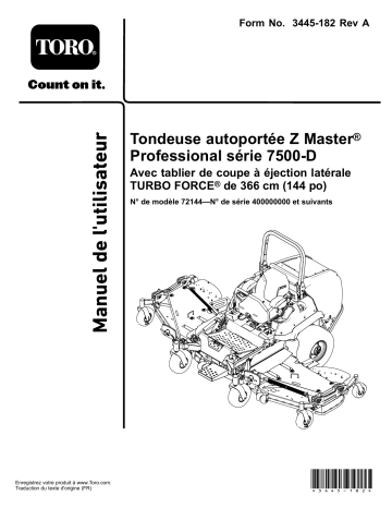 Toro Z Master Professional 7500-D Series Riding Mower, With 144in TURBO FORCE Rear Discharge Mower Riding Product Manuel utilisateur | Fixfr