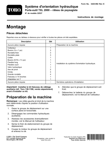 Toro Hydraulic Angle, Power Rake TXL 2000 Tool Carrier Compact Utility Loaders, Attachment Guide d'installation | Fixfr