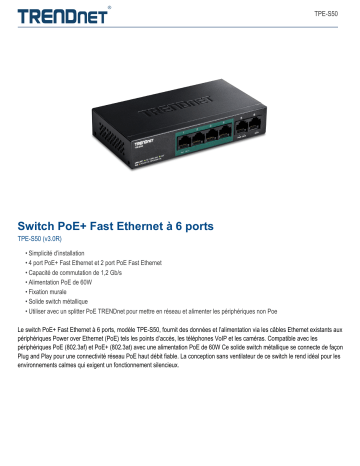 Trendnet TPE-S50 6-Port Fast Ethernet PoE+ Switch Fiche technique | Fixfr