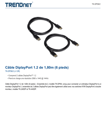 Trendnet TK-DP06/2 6 ft. DisplayPort 1.2 Cable Fiche technique | Fixfr