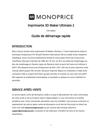 Monoprice 36045 Maker Ultimate 2 3D Printer Mode d'emploi | Fixfr