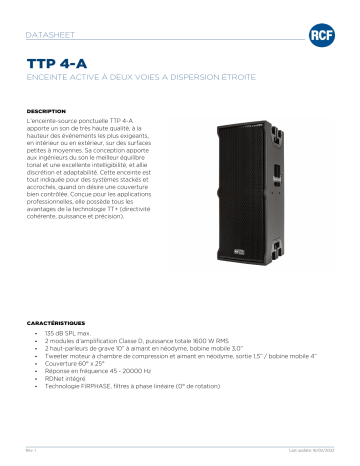 RCF TTP 4-A NARROW DIRECTIVITY TWO-WAY SPEAKER spécification | Fixfr