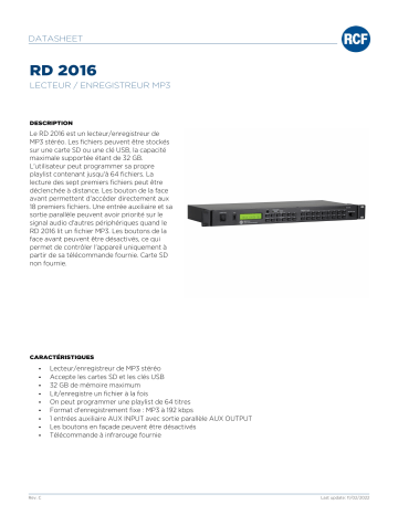 RCF RD 2016 MP3 PLAYER / RECORDER spécification | Fixfr