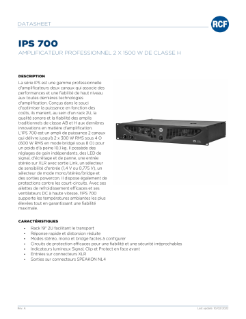 RCF IPS 700 2 X 300 W CLASS AB PROFESSIONAL POWER AMPLIFIER spécification | Fixfr