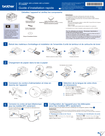 HL-L2395DW | MFC-L2759DW | MFC-L2730DW | Brother MFC-L2750DW(XL) Monochrome Laser Fax Guide d'installation rapide | Fixfr