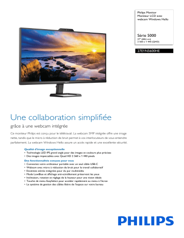 Philips 27E1N5600HE/00 Monitor Moniteur LCD avec webcam Windows Hello Manuel utilisateur | Fixfr