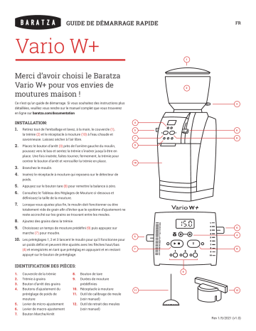 Baratza Vario W+ Grinder Guide de démarrage rapide | Fixfr