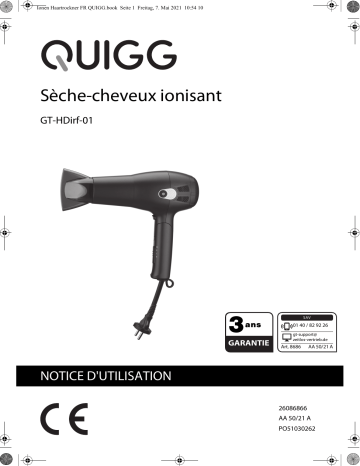 Quigg GT-HDirf-01 Hairdryer, Ionic, retractable cable Manuel utilisateur | Fixfr