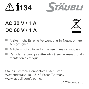 Staubli I134 AC 30 V / 1 A – DC 60 V / 1 A Manuel utilisateur | Fixfr
