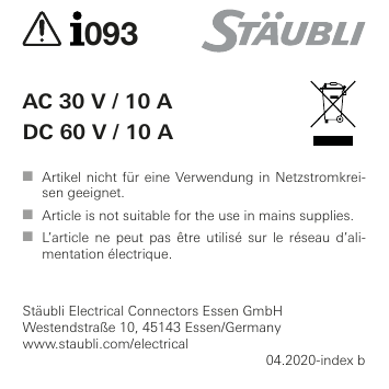 Staubli I093 AC 30 V / 10 A – DC 60 V / 10 A Manuel utilisateur | Fixfr