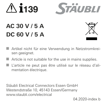 Staubli I139 AC 30 V / 5 A – DC 60 V / 5 A Manuel utilisateur | Fixfr