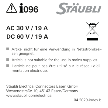 Staubli I096 AC 30 V / 19 A – DC 60 V / 19 A Manuel utilisateur | Fixfr