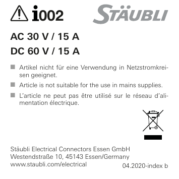 Staubli I002 AC 30 V / 15 A – DC 60 V / 15 A Manuel utilisateur | Fixfr