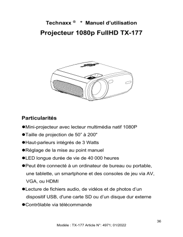 Technaxx TX-177 FullHD 1080P Projector Manuel du propriétaire | Fixfr