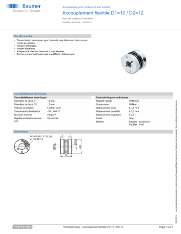 Baumer Spring washer coupling D1=10 / D2=12 Mounting solid shaft encoder Fiche technique | Fixfr