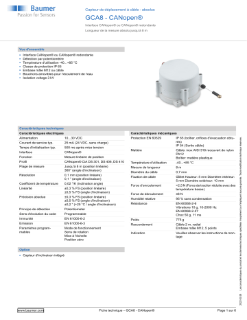 Baumer GCA8 - CANopen® Cable transducer - absolute Fiche technique | Fixfr