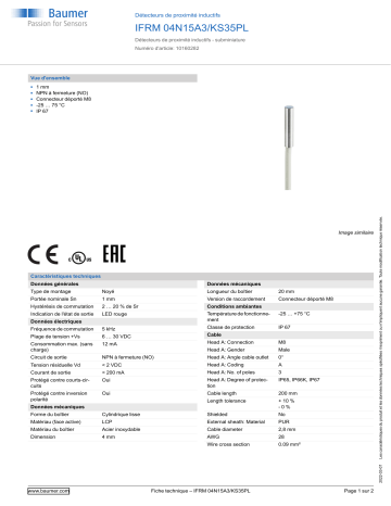 Baumer IFRM 04N15A3/KS35PL Inductive proximity switch Fiche technique | Fixfr